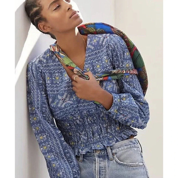 Anthropologie Forever That Girl Blue Floral Smocked Blouse Ruffled Size Small - Picture 1 of 11